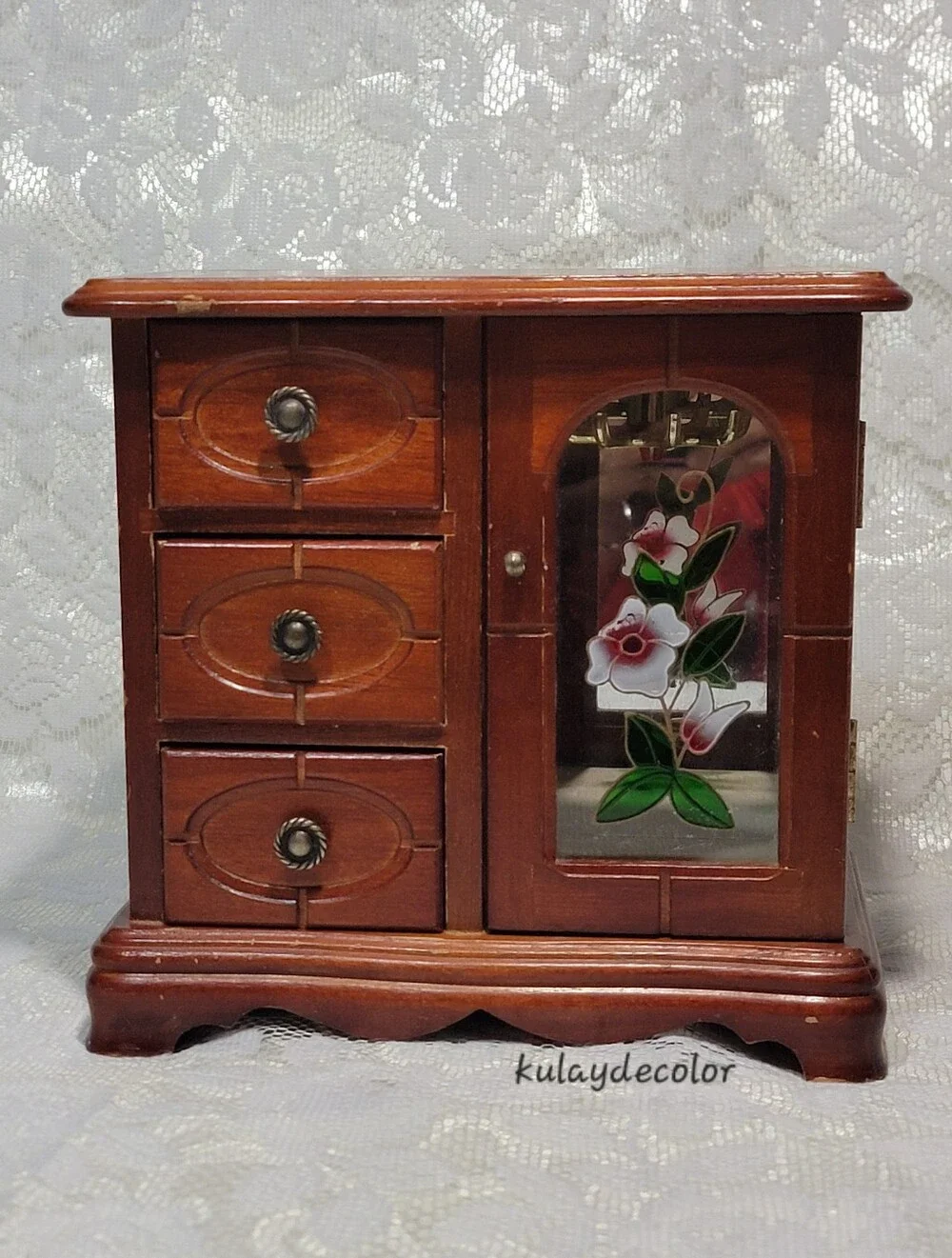 Vintage Wooden Jewelry Box Organizer 3 Drawer Mirrored Floral Glass Door Trinket